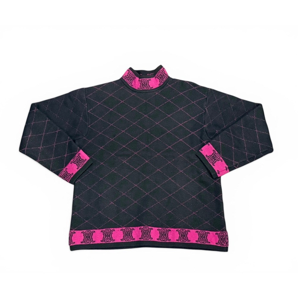 VTG RARE Celine Paris Women's Wool Sweater Argyle Mock Neck Made in Italy Sz L - Picture 2 of 12